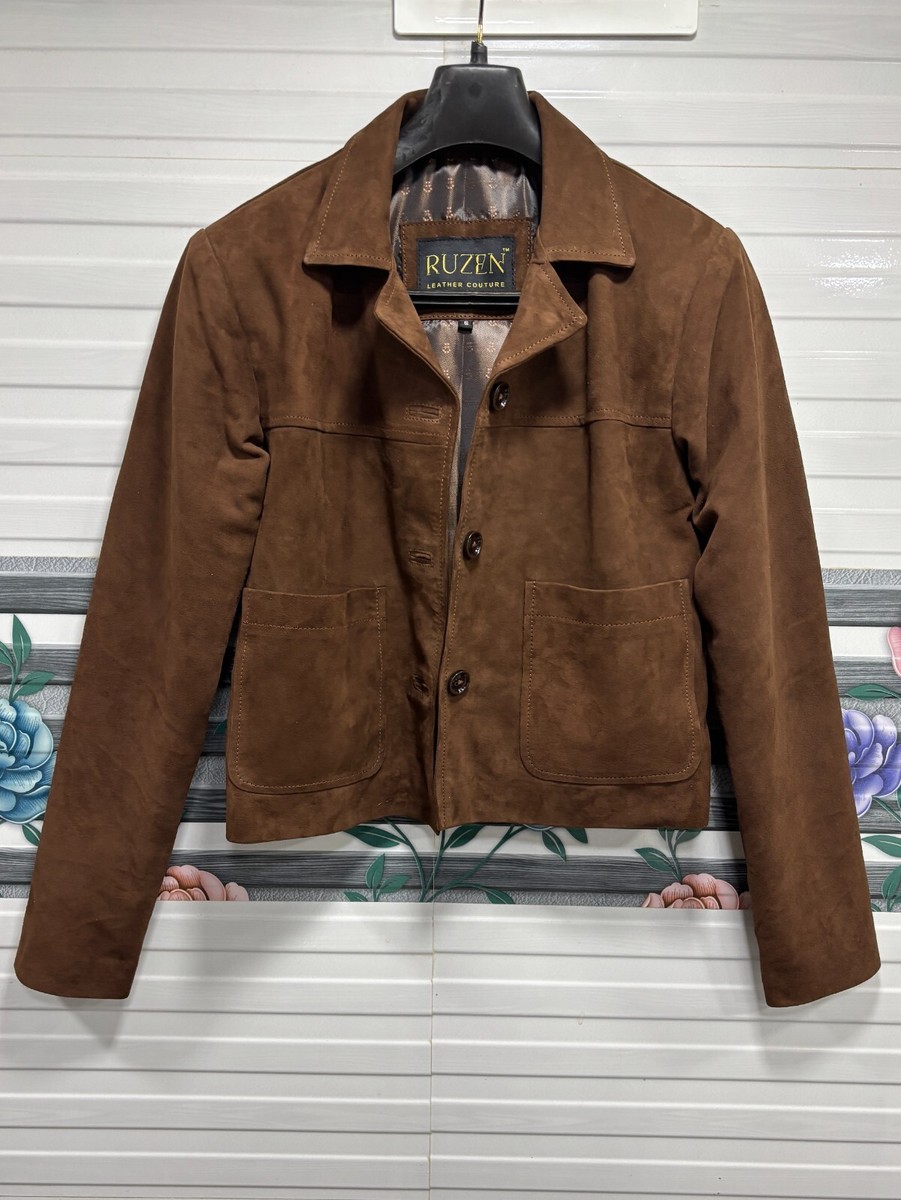 Women 100% Real Suede Leather Brown Cropped Jacket Short Casual