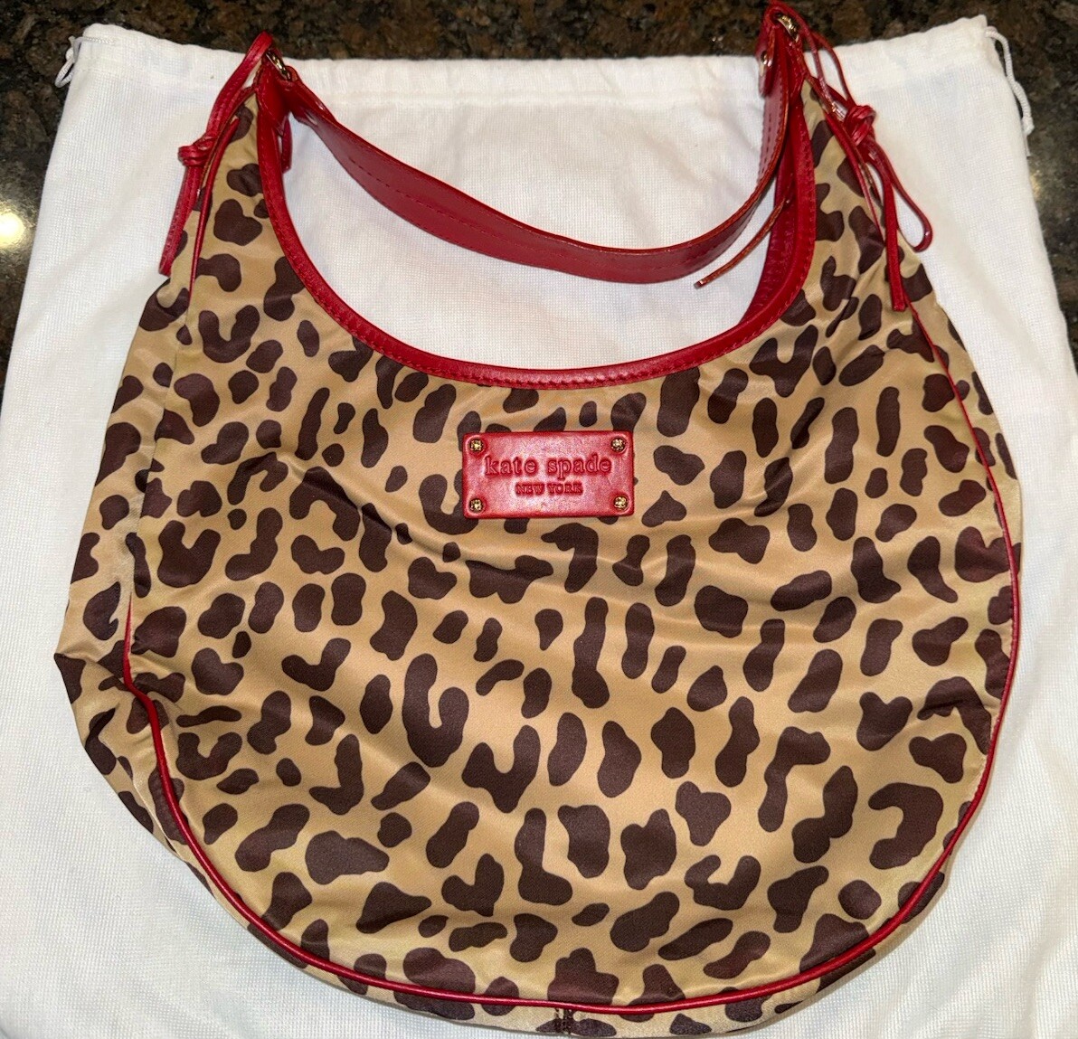 Kate Spade Red Leopard Print Nylon Red Bow Shoulder Bag Purse