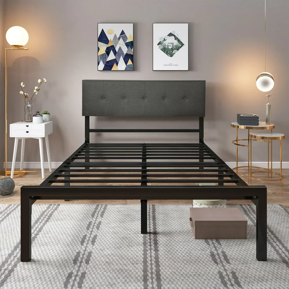 Upholstered Platform Bed Frame Adjustable Headboard Metal Slat
