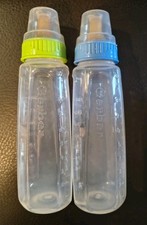2 Vintage Gerber Bottles w/ Rubber nipple Blue, Green Tops With Clear Caps 9 oz