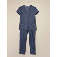 Figs Scrub Set Heather Denim XXS Casma 3 Pocket Top & XS Yola Skinny Pants