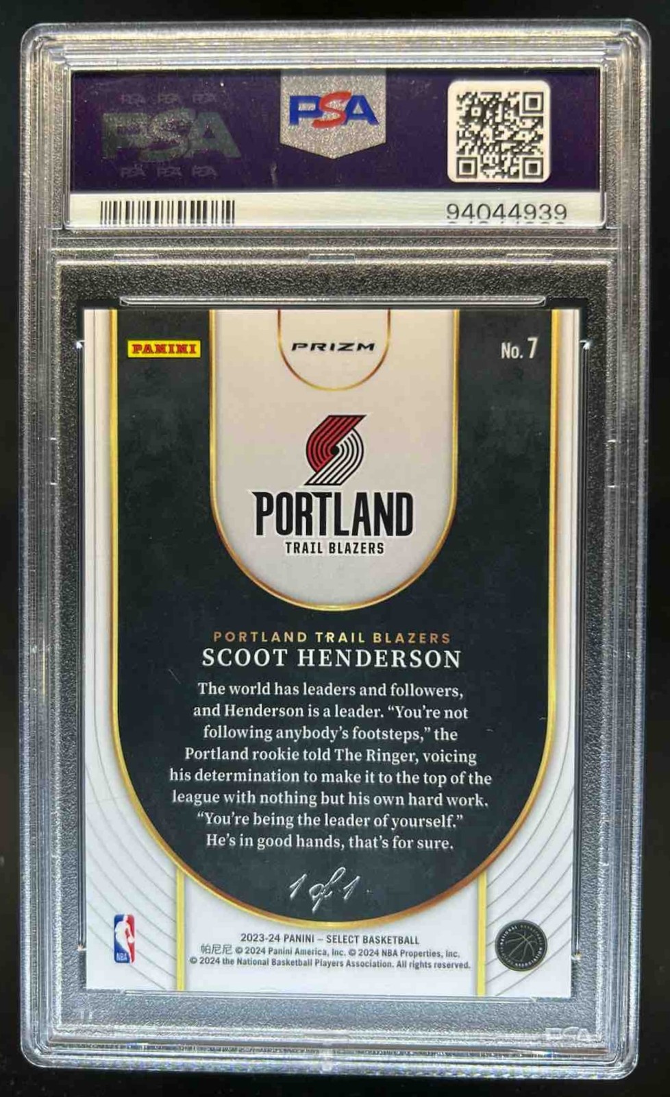 2023-24 Select Scoot Henderson Neon Icon RC Black Finite #1/1 PSA Authentic view 2