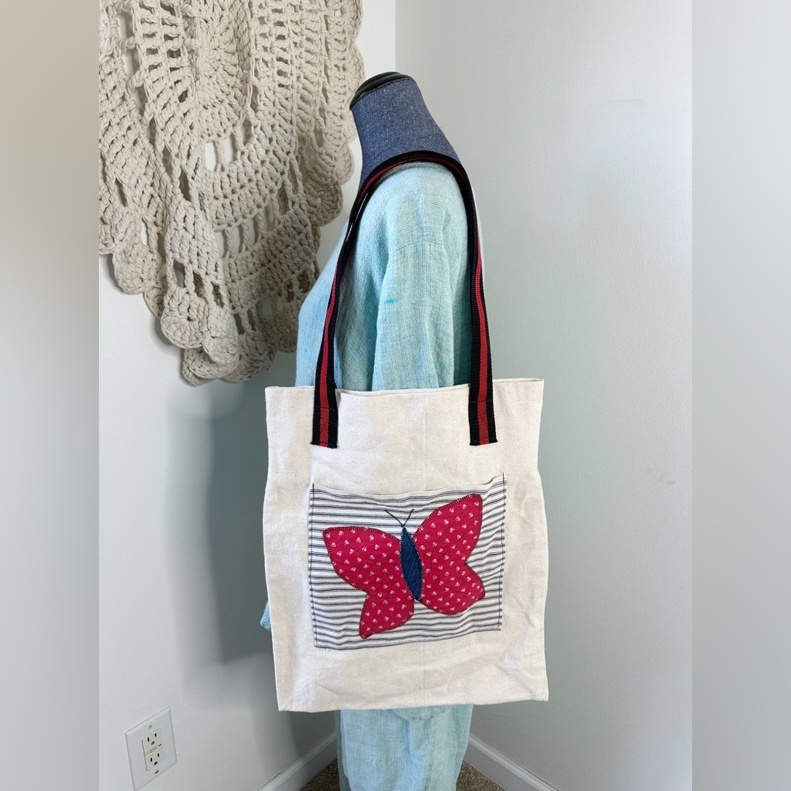 Vintage Handmade Quilted Patchwork Butterfly Tote… - image 1