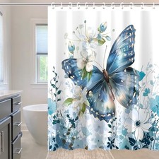 Spring Butterfly Shower Curtain for Bathroom Decor Watercolor Floral Blue