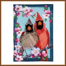 EVERGREEN GARDEN FLAG * CARDINAL COUPLE * EMBELISHED APPLIQUE'  - BRAND NEW
