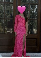Formal Prom Dress Hot Pink Gown One Sleeve Sequins Size 00 Ashley Lauren