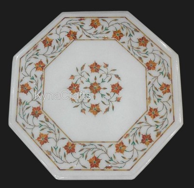 Carnelian Inlay Corner Table Top | White Marble Coffee Table Top for Cafe Decor