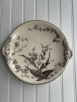 Antique Foley Potteries Flower Sprays Brown Transferware Handled Cake Plate 10 