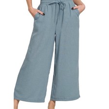 NWOT Zenana Outfitters Blue Gray Wide Leg Drawstring Pants Size Small