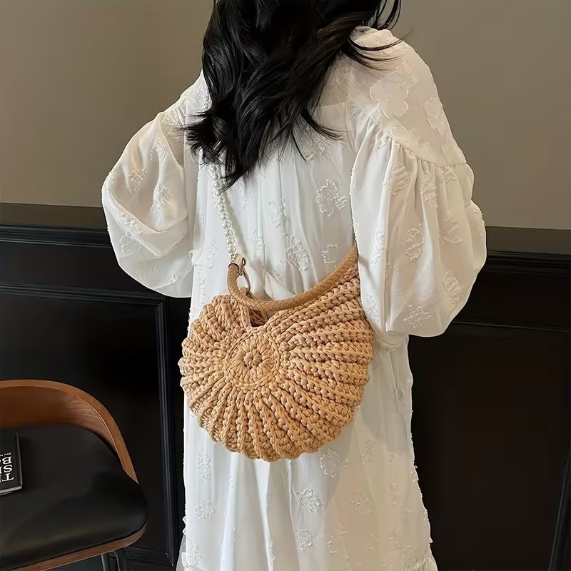 Coastal Luxe Conch Shell Crochet Mermaid Ocean Shoulder Bag Vacation Natural Tan image 5