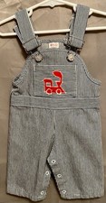 VTG Sears Overalls Blue Railroad Pinstriped Train Size S 15-20lbs 3-6 mo