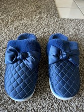VIONIC Blue Promise Bow Faux Fur Satin Quilt Slip-On Arch Support Slippers Sz 7