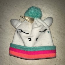 WHITE RAINBOW UNICORN WINTER WARM GIRLS HAT Pom Horn Ears Cute Fun Knit Cuff