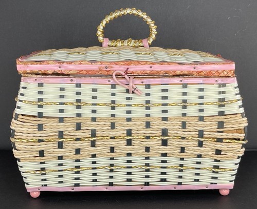 Vintage Woven Wicker Sewing Basket Box Pink/White w/ Tray insert