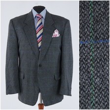 Men Windowpane Tweed Jacket 44R UK Size FEUDAL Check Grey Wool Sport Coat Blazer