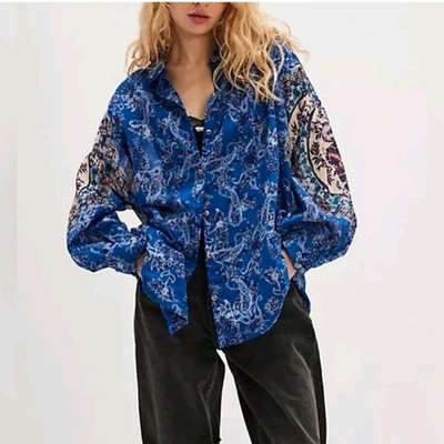 Free People Rose Bud Paisley Shirt Small Blue Long Sleeve Button Up Relaxed