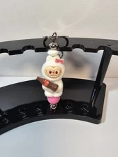 Handcrafted Beaded Keychain/Bag/Purse Dangler Fuzzy Labubu Coke Pink White 