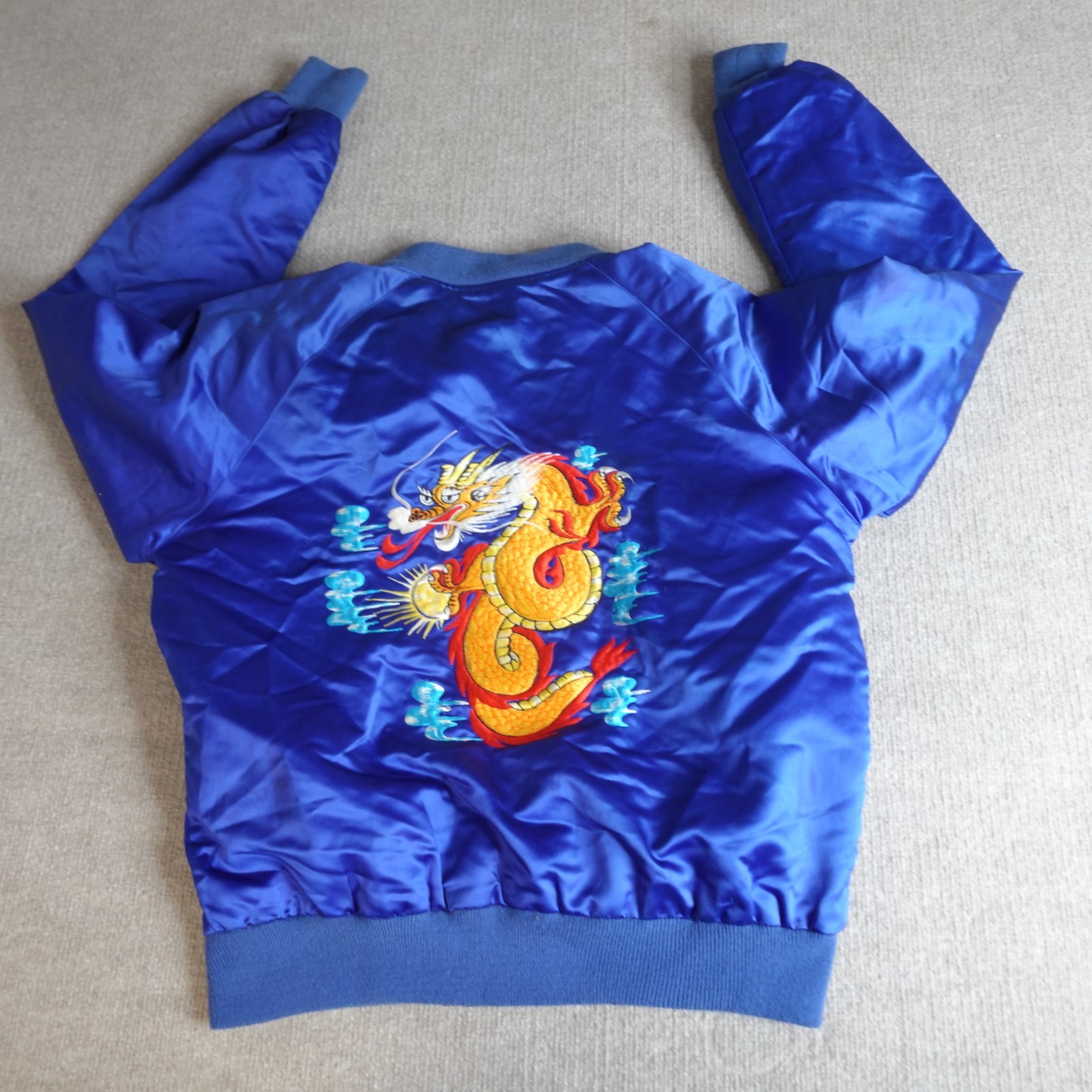 Vintage Souvenir Jacket Mens Large Blue Embroidered Satin Bomber
