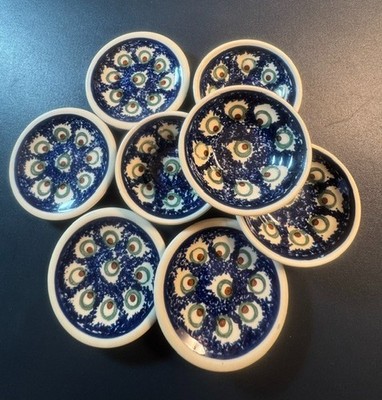 Wiza Polish Pottery Child's Mini 4 Dishes and 4 Bowls 8 Pc PEACOCK Butter Salt