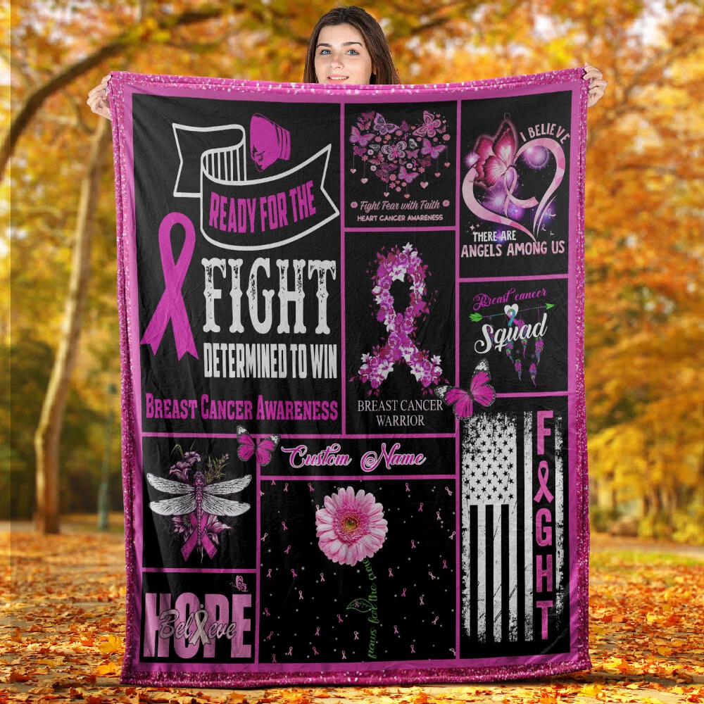 Personalized Breast Cancer Awareness Blanket, Custom Name Fleece, Sherpa