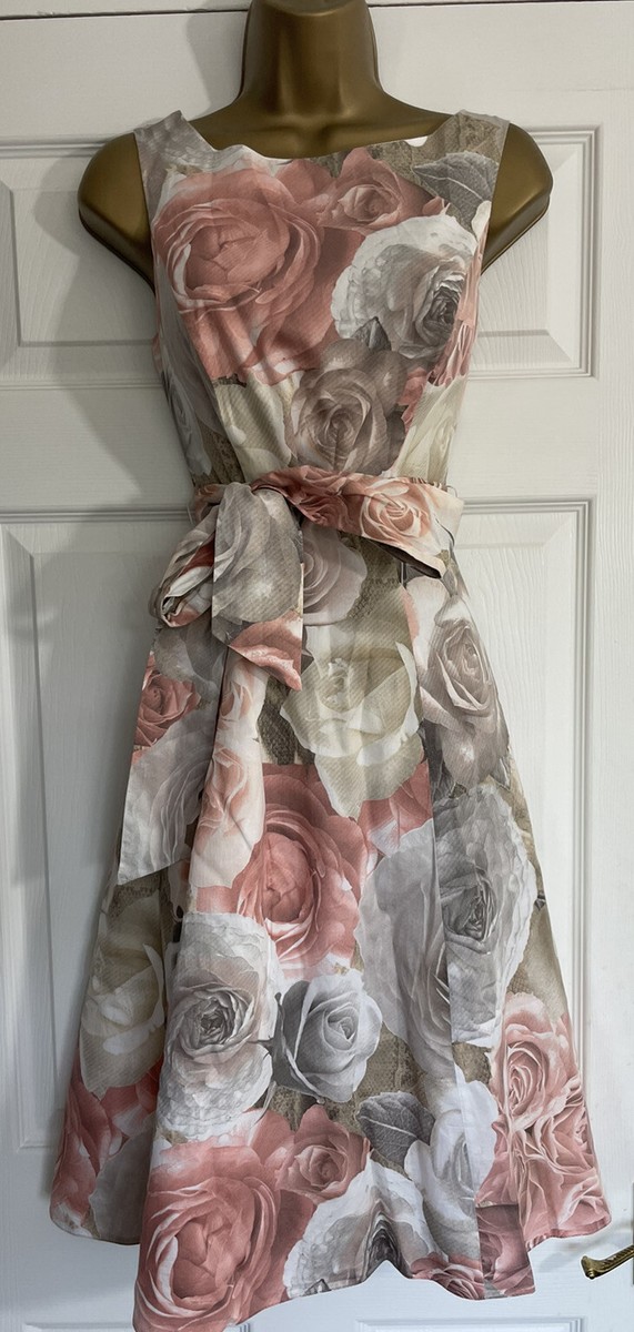 PHASE EIGHT GREY PINK FLORAL COTTON FIT FLARE BELT OCCASION DRESS UK 12 NEW
