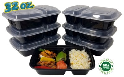 32 oz. Black Microwavable Meal Prep 2 Compartment Food Container w/Lid Reusable 