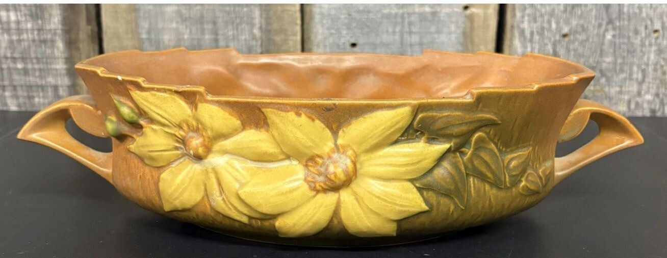 Roseville Clematis Console Bowl 458-10 Yellow Brown 14” USA Pottery Vintage