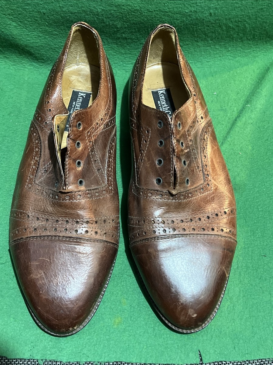 Kenneth Cole Wingtip Oxford Shoes Leather Italy Honey Brown 