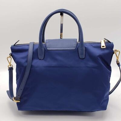Authentic Prada Nylon Tote Bag Blue Tessuto Leather Trim Top