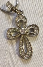 Premier Design Silver Tone Crystal Rhinestone Inlay Cross Pendant Necklace 18"