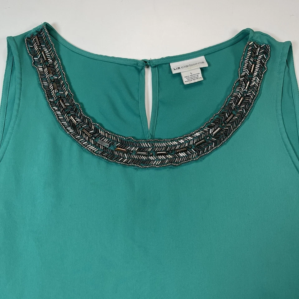 LIZ CLAIBORNE Women’s Green Tank Top Beaded Neckline Side Slit Size Large - Image 2 of 4