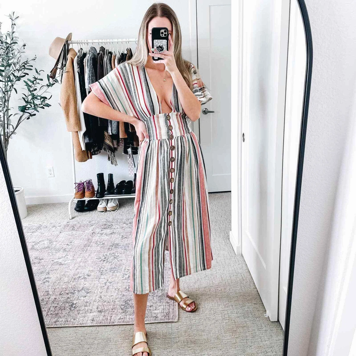Striped button front midi cheap dress