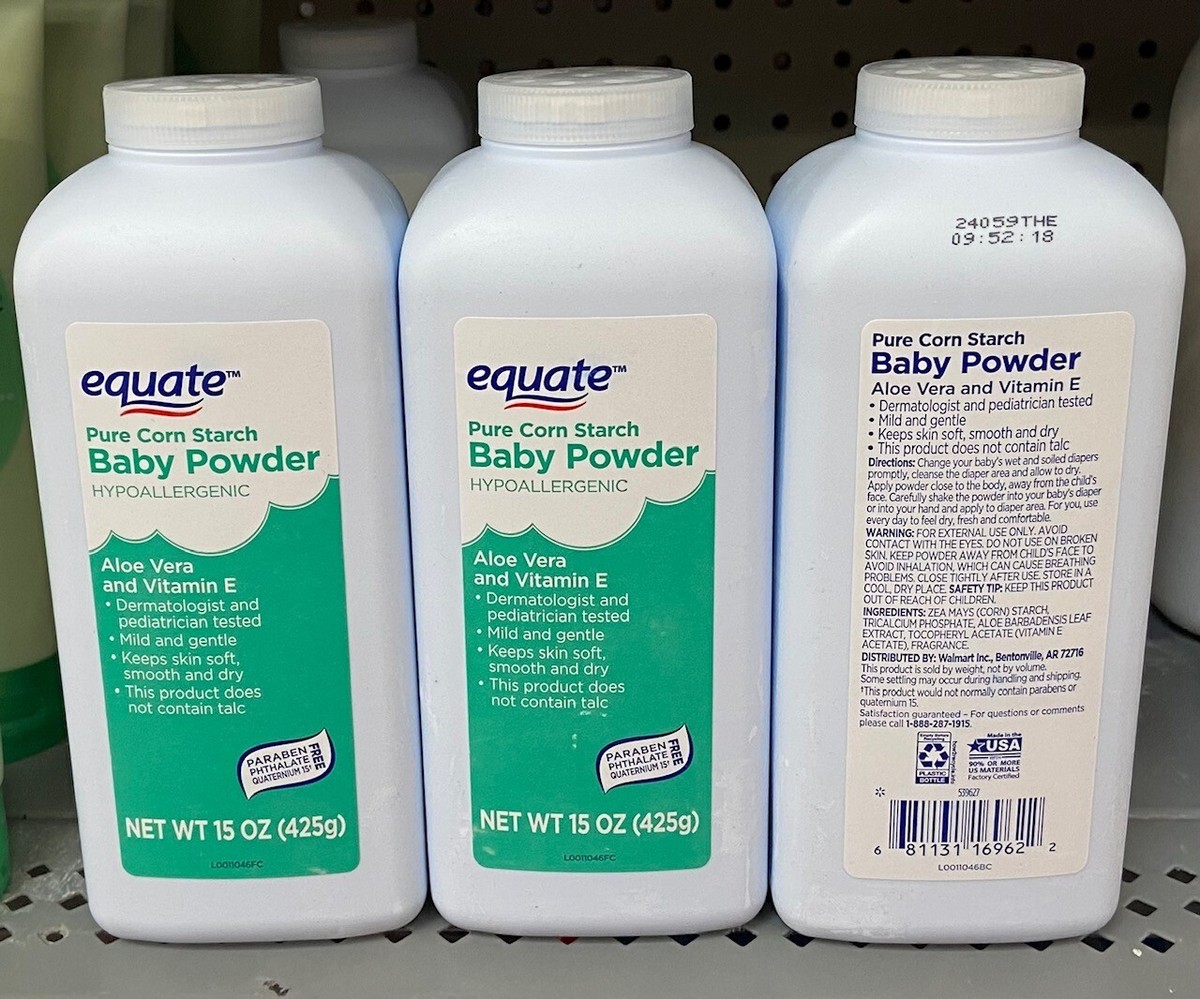 Equate Pure Cornstarch Baby Powder, Hypoallergenic, Vit E Aloe, pk 15  oz Ea - Main Image