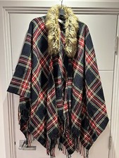 Tartan Poncho With Faux Fur Collar