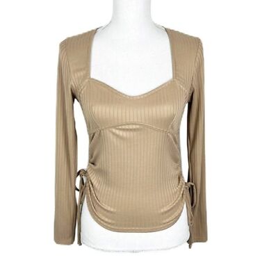 Moa Moa Sweater Women Medium Tan Nude Long Sleeve Sweetheart Ribbed Knit Ruched