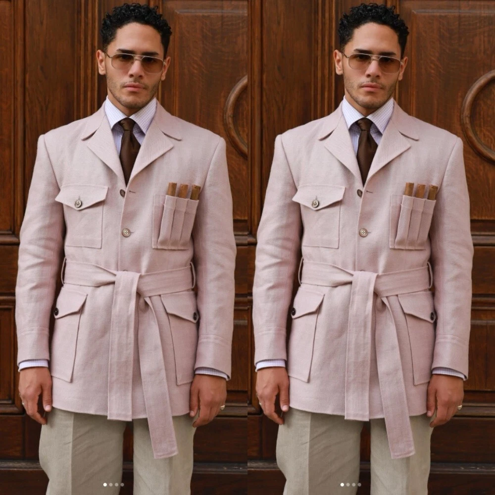 Pink Linen Men Safari Jackets With Belt Four Pockets British Style Hunting Coat
