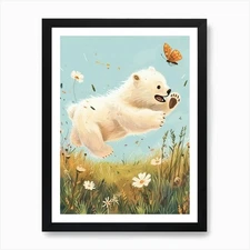 Polar Bear Cub Chasing After A Butt Framed Wall Art Poster Canvas Print Picture