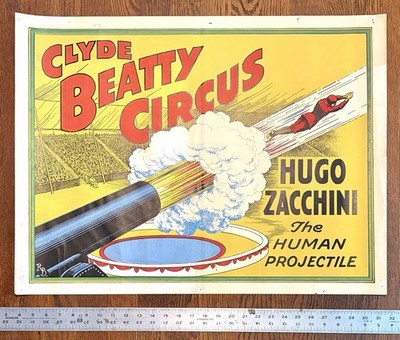 1950s Clyde Beatty Human Cannonball Hugo Zachhini Original Circus Poster