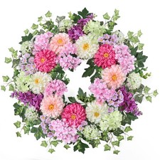 24 Inch Dahlia  Hydrangea Wreath Artificial Spring Wreath for Front Door Flo...