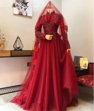 Burgundy Muslim Caftan Wedding Dresses High Collar Long Sleeves Bridal Gown Lace