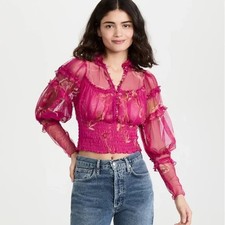 Free People Time For Shine Mesh Fuchsia Floral Smocked Cropped Blouse Top XS