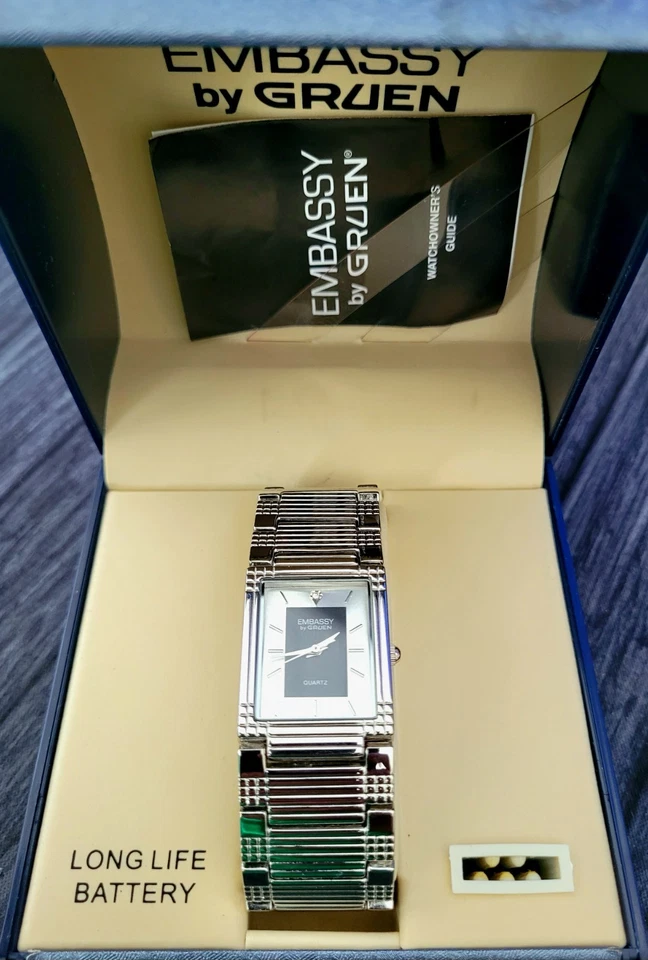 Raro Gruen Embassy Diamante Hombre Retro Tanque Reloj Caja Papeles Foto 3 de 4