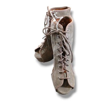 Qupid Wedge Booties Size 8 Gray Faux Suede Lace-Up Heels Open Toe Aztec Boho