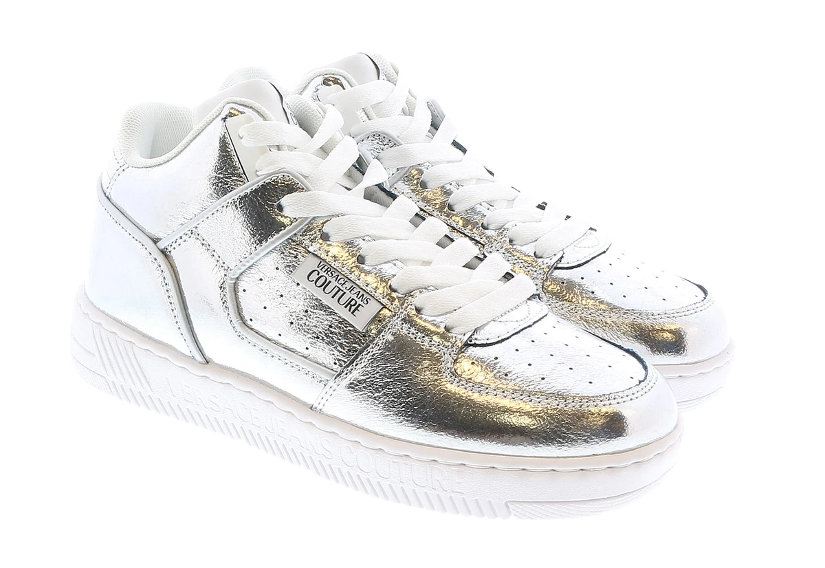 Versace Jeans Couture Signature Mid Top Lace Up Silver Sneakers