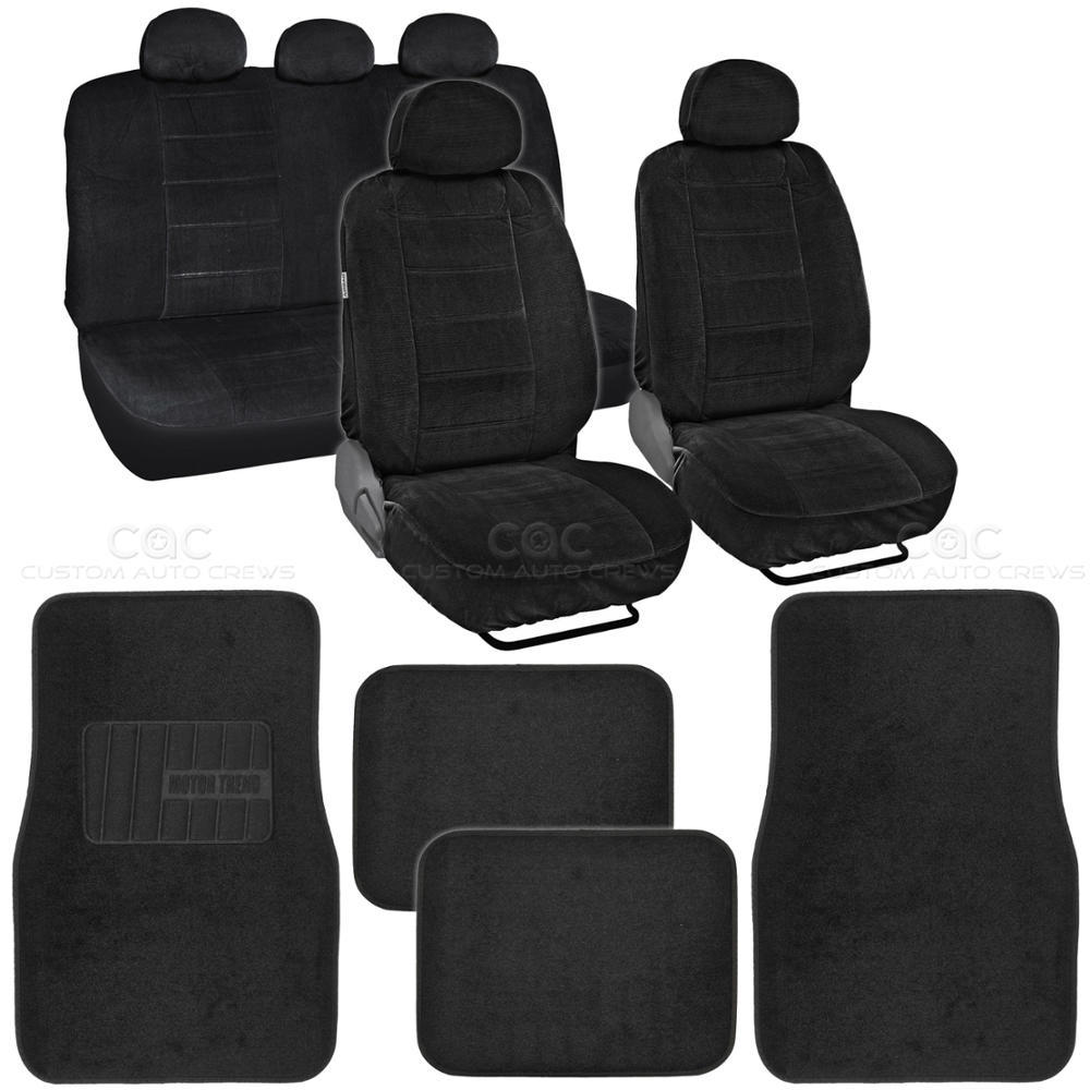 Black Bucket Car Seat Covers + Classic Thick Woven Carpet Car Floor Mats - 13 PC