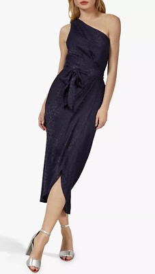 Ted Baker Size 14 4 Zoeii Leopard Print One Shoulder Navy Blue Midi Dress Bnwt 