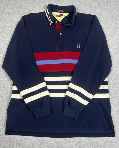 Vtg Y2K Tommy Hilfiger XL Blue Red Striped Long Sleeve Rugby Polo Shirt Cotton