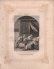 c1850 VICTORIAN PRINT ~ DEATH OF THE CANON DIOCRE ~ LE SUEUR