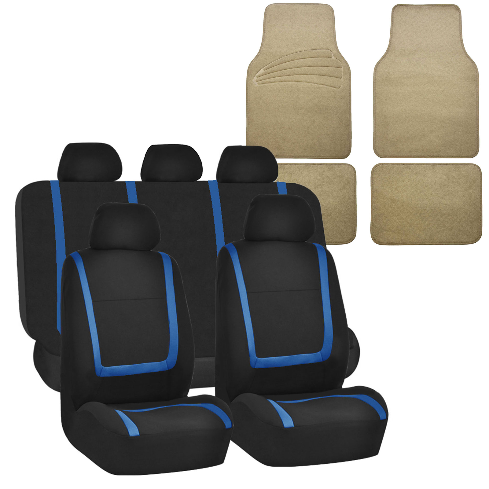 Universal Seat Covers For Auto Car Suv Van Blue Full Set w/ Beige Floor Mats