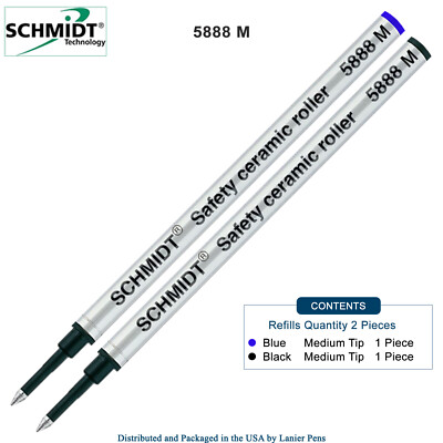 2X Schmidt 5888 M Safety Ceramic Rollerball Metal Refill Black/Blue Medium Tip